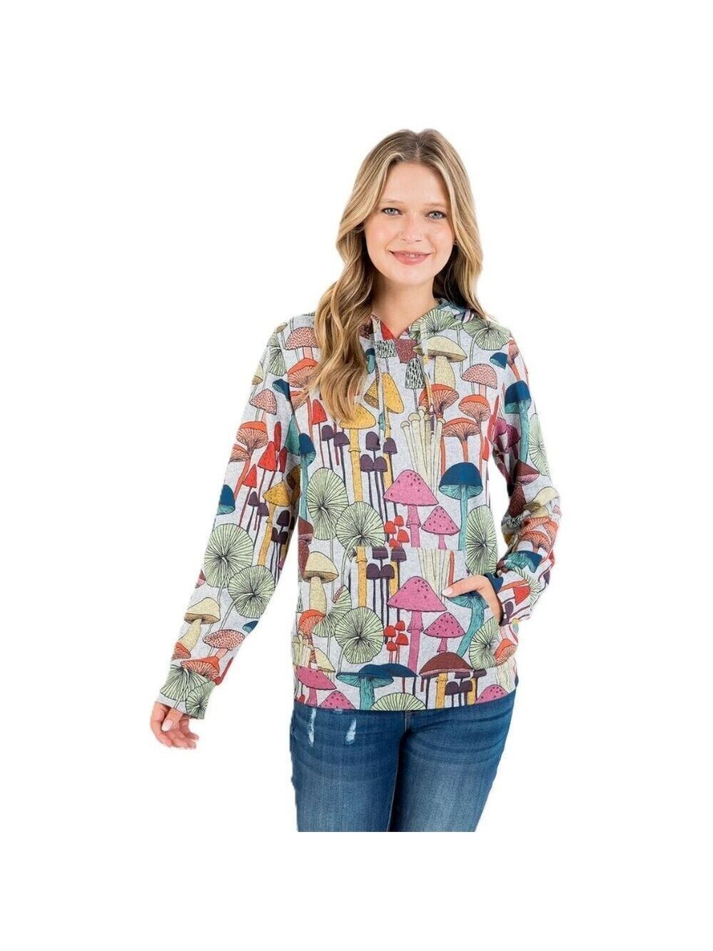 LA Soul Multicolor Mushroom Hoodie Soft Lightweight Knit Sweater Women's Size S